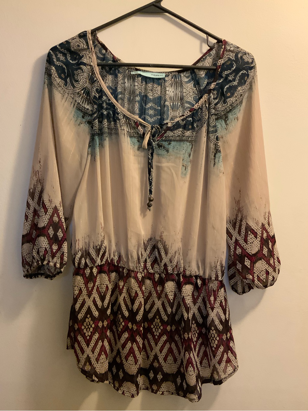 Maurices Beige Tunic With Teal & Burgundy Print